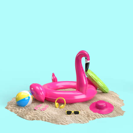 Summer time with Elements, Flamingo float, pool ring, Ball, Ring Floating For Background Banner or Wallpaper. Creative Design of Summer Vacation Holiday Concept. 3D Renderingの写真素材