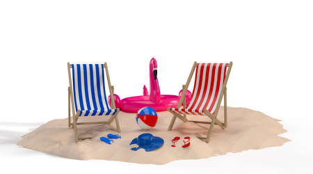 Summer time with Elements, Flamingo float, pool ring, Ball, Ring Floating and Chair For Background Banner or Wallpaper. Creative Design of Summer Vacation Holiday Concept. 3D Renderingの写真素材