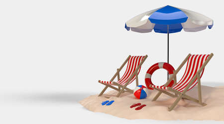Summer time with Elements, Flip-Flops, Ball, Ring Floating and Chair For Background Banner or Wallpaper. Creative Design of Summer Vacation Holiday Concept. 3D Renderingの写真素材