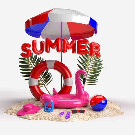 Summer time with Elements, Flamingo float, pool ring, Ball, Ring Floating For Background Banner or Wallpaper. Creative Design of Summer Vacation Holiday Concept. 3D Renderingの写真素材