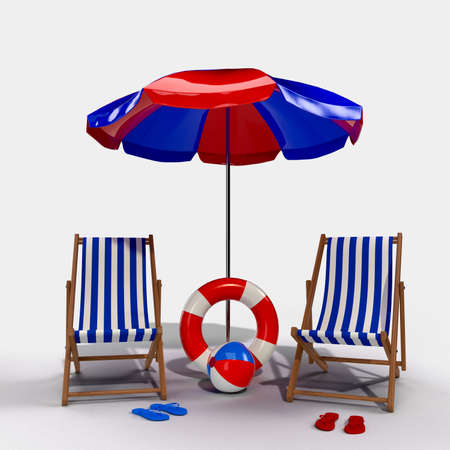 Summer time with Elements, Flip-Flops, Ball, Ring Floating and Chair For Background Banner or Wallpaper. Creative Design of Summer Vacation Holiday Concept. 3D Renderingの写真素材