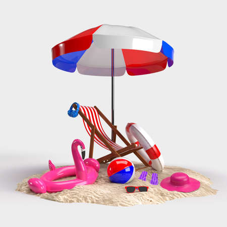 Summer time with Elements, Flamingo float, pool ring, Ball, Ring Floating, hat, sunglass  and Chair For Background Banner or Wallpaper. Creative Design of Summer Vacation Holiday Concept. 3D Renderingの写真素材