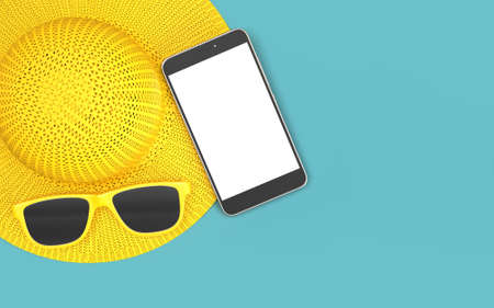 Summer time with Elements, Sun Glass, Hat Beach For Background Banner or Wallpaper. Creative Design of Summer Vacation Holiday Concept. 3D Renderingの写真素材