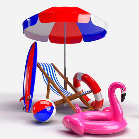 Summer time with Elements, Flamingo float, pool ring, Ball, Ring Floating and Chair For Background Banner or Wallpaper. Creative Design of Summer Vacation Holiday Concept. 3D Renderingの写真素材