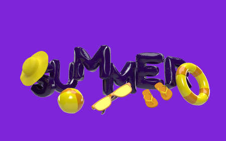 3D Text Summer with Elements, Sun Glass, Flip-Flops, Hat Beach, Ball, Ring Floating For Background Banner or Wallpaper. Creative Design of Summer Vacation Holiday Concept. 3D Renderingの写真素材