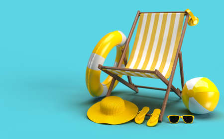 Summer time with Elements, Sun Glass, Hat Beach For Background Banner or Wallpaper. Creative Design of Summer Vacation Holiday Concept. 3D Renderingの写真素材
