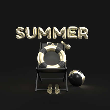 3D Text Summer with Elements, Sun Glass, Flip-Flops, Ball, Ring Floating and Chair For Background Banner or Wallpaper. Creative Design of Summer Vacation Holiday Concept Gold. 3D Renderingの写真素材