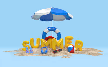 3D Text Summer on Beach Island With Beach Umbrella, Sun Glass, Flip-Flops, Ball, Ring Floating For Background Banner or Wallpaper. Design of Summer Vacation Holiday Concept. 3D Renderingの写真素材