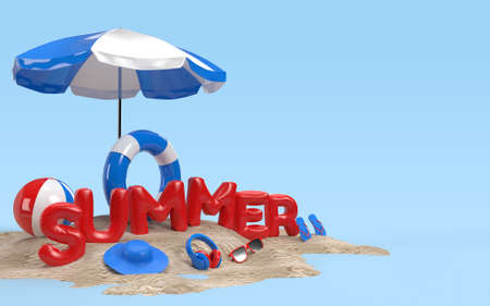 3D Text Summer on Beach Island With Beach Umbrella, Sun Glass, Flip-Flops, Ball, Ring Floating For Background Banner or Wallpaper. Design of Summer Vacation Holiday Concept. 3D Renderingの写真素材