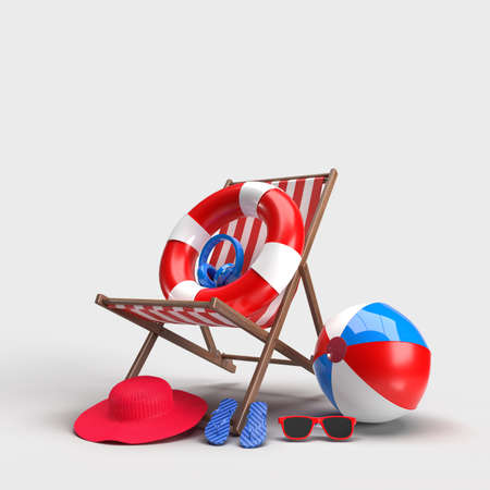 Summer time with Elements, Sun Glass, Flip-Flops, Hat Beach, Ball, Ring Floating and Chair For Background Banner or Wallpaper. Creative Design of Summer Vacation Holiday Concept. 3D Renderingの写真素材