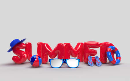 D Text Summer with Elements, Sun Glass, Flip-Flops, Hat Beach, Ball, Ring Floating For Background Banner or Wallpaper. Creative Design of Summer Vacation Holiday Concept. 3D Renderingの写真素材