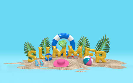 3D Text Summer on Beach Island With Sun Glass, Flip-Flops, Ball, Ring Floating, Palm Leaf outdoor relaxation with copy space For Background. Design of Summer Vacation Holiday Concept. 3D Renderingの写真素材