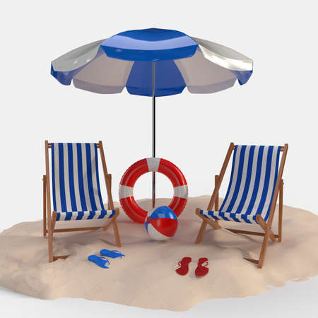 Summer time with Elements, Flip-Flops, Ball, Ring Floating and Chair For Background Banner or Wallpaper. Creative Design of Summer Vacation Holiday Concept. 3D Renderingの写真素材