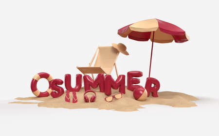 3D Text Summer on Beach Island With Beach Umbrella, Sun Glass, Flip-Flops, Ball, Ring Floating and Chair For Background Banner or Wallpaper. Design of Summer Vacation Holiday Concept. 3D Renderingの写真素材
