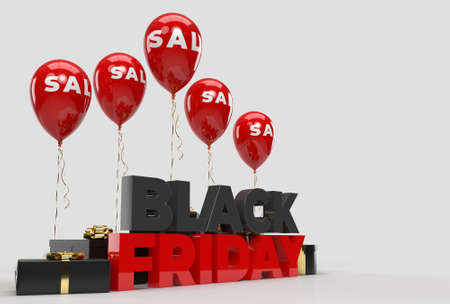 Black Friday 3D Rendering. Business Concept Marketing and Digital online marketing with black letters, balloon on a white background.の写真素材