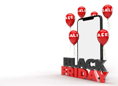Black Friday 3D Rendering. Business Concept and Digital online marketing  smartphones, balloons, and Black Friday text in the background. Template    on the screenの写真素材