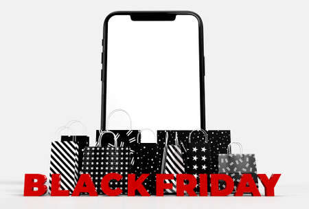 Black Friday 3D Rendering. Business Concept and Digital online marketing  smartphones, shopping bags, and Black Friday text in the background. Template    on the screenの写真素材