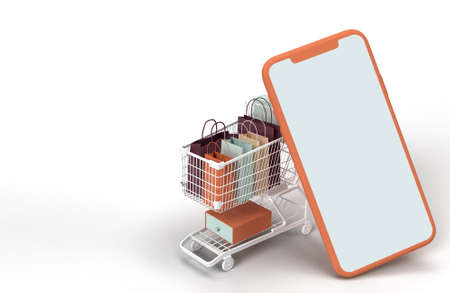 Shopping Online 3D Rendering. Business Concept and Digital online marketing  smartphones, shopping bags, shopping carts in the background. Mockup template    on the screenの写真素材