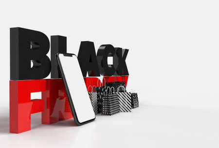 Black Friday 3D Rendering. Business Concept and Digital online marketing  smartphones, shopping bags, and Black Friday text in the background. Template    on the screenの写真素材