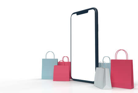Shopping Online 3D Rendering. Business Concept and Digital online marketing  smartphones, shopping bags in the background. Mockup template    on the screenの写真素材