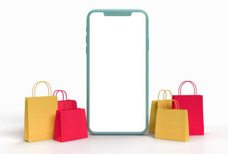 Shopping Online 3D Rendering. Business Concept and Digital online marketing  smartphones, shopping bags in the background. Mockup template    on the screenの写真素材