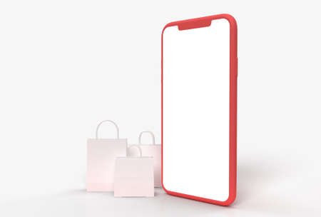 Shopping Online 3D Rendering. Business Concept and Digital online marketing  smartphones, shopping bags in the background. Mockup template    on the screenの写真素材