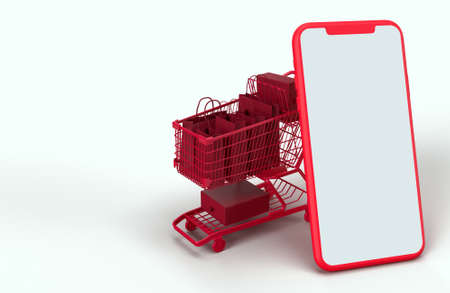 Shopping Online 3D Rendering. Business Concept and Digital online marketing  smartphones, shopping bags, shopping carts in the background. Mockup template    on the screenの写真素材