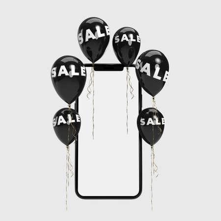 Shopping Online 3D Rendering. Business Concept and Digital online marketing  smartphones, sale black balloon in the background. Mockup template    on the screenの写真素材