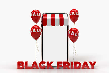 Black Friday 3D Rendering. Business Concept and Digital online marketing  smartphones, balloons, and Black Friday text in the background. Template    on the screenの写真素材