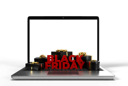Black Friday 3D Rendering. Business Concept and Digital online marketing  laptop, gift boxs, and Black Friday text in the background. Template    on the screenの写真素材