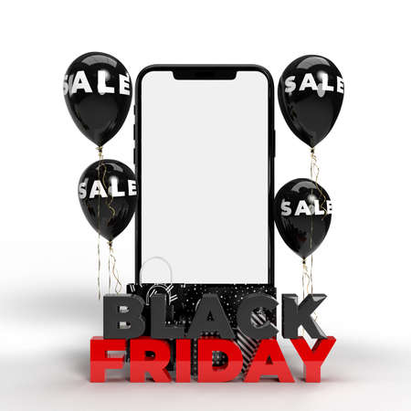Black Friday 3D Rendering. Business Concept and Digital online marketing  smartphones, shopping bags, balloons, and Black Friday text in the background. Template    on the screenの写真素材