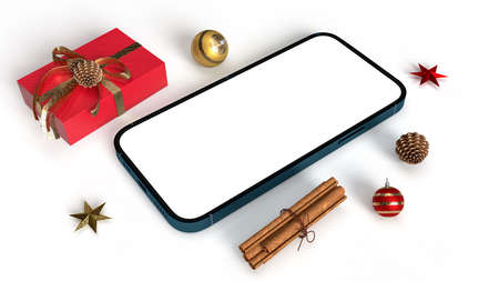 Merry Christmas and New Year  a beautiful gift box, Christmas ornaments ribbon bow. Christmas and New year event mockup template concept.   of screen phone included. 3d renderingの写真素材