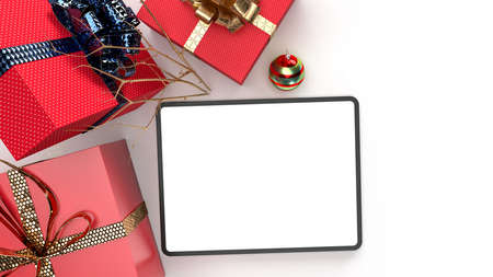 Merry Christmas and New Year  a beautiful gift box, Christmas ornaments ribbon bow. Christmas and New year event mockup template concept.   of screen tablet included. 3d renderingの写真素材