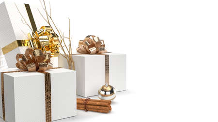 Merry Christmas and New Year with a beautiful gift box, winter season with traditional elements Christmas ornaments ribbon bow on the background. Festive template for social media banner. 3d renderingの写真素材
