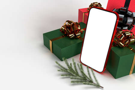 Merry Christmas and New Year  a beautiful gift box, Christmas ornaments ribbon bow. Christmas and New year event mockup template concept.   of screen phone included. 3d renderingの写真素材