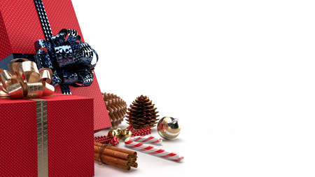Merry Christmas and New Year with a beautiful gift box, winter season with traditional elements Christmas ornaments ribbon bow on the background. Festive template for social media banner. 3d renderingの写真素材