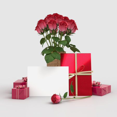 Happy Valentines Day.Be my Valentine. Celebration party with gift box decorations and greeting card mockup template. 3d Renderingの写真素材