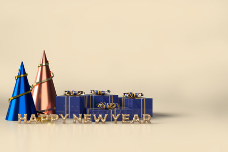 Merry Christmas and Happy new year. Celebration party with gift box decorations. Background mockup templateの写真素材