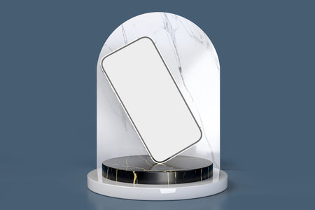 A Smartphone with white black screen on the podiumの写真素材
