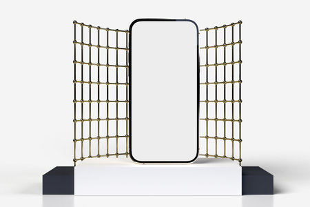 A Smartphone with white black screen on the podiumの写真素材