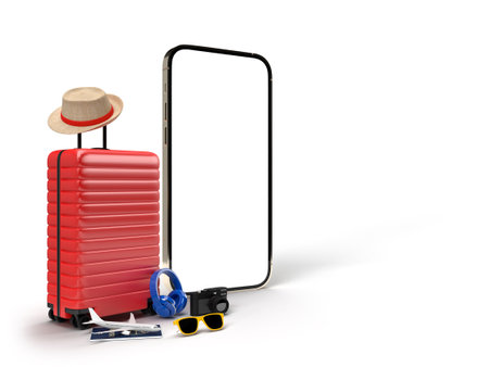 Smartphone with travel essential on whiteの写真素材