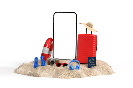 Smartphone with travel essential on whiteの写真素材