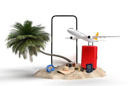 Smartphone with travel essential on whiteの写真素材