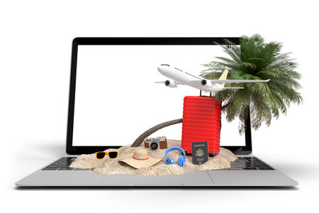 Laptop with travel essential on whiteの写真素材