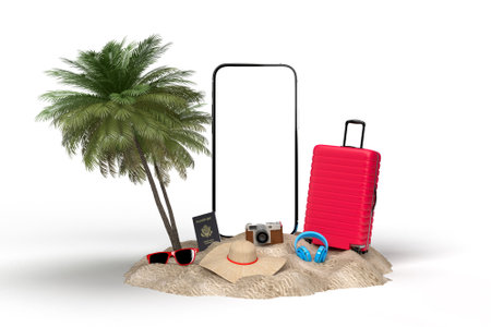 Smartphone with travel essential on whiteの写真素材