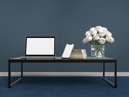 Mockup laptop with home decorating in the living room modern interiorの写真素材