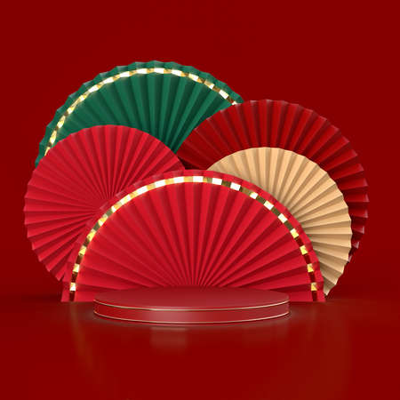 Paper fan medallion chinese new year decoration with podium on background. Concept of Happy Chinese New Year festival background. 3D renderingの写真素材