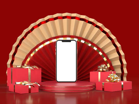 Paper fan medallion chinese new year decoration with smartphone mockup. Concept of Happy Chinese New Year festival background. 3D renderingの写真素材