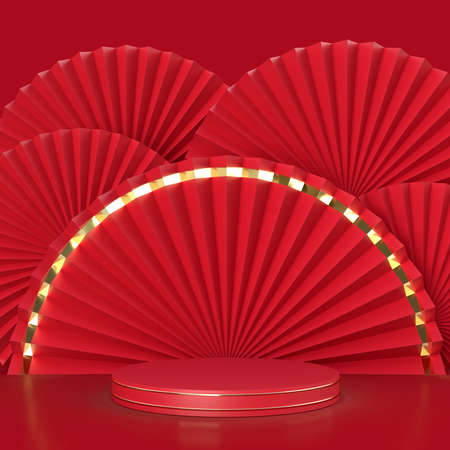 Paper fan medallion chinese new year decoration with podium on background. Concept of Happy Chinese New Year festival background. 3D renderingの写真素材