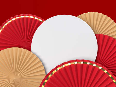 Paper fan medallion chinese new year decoration with card mockup. Concept of Happy Chinese New Year festival background. 3D renderingの写真素材